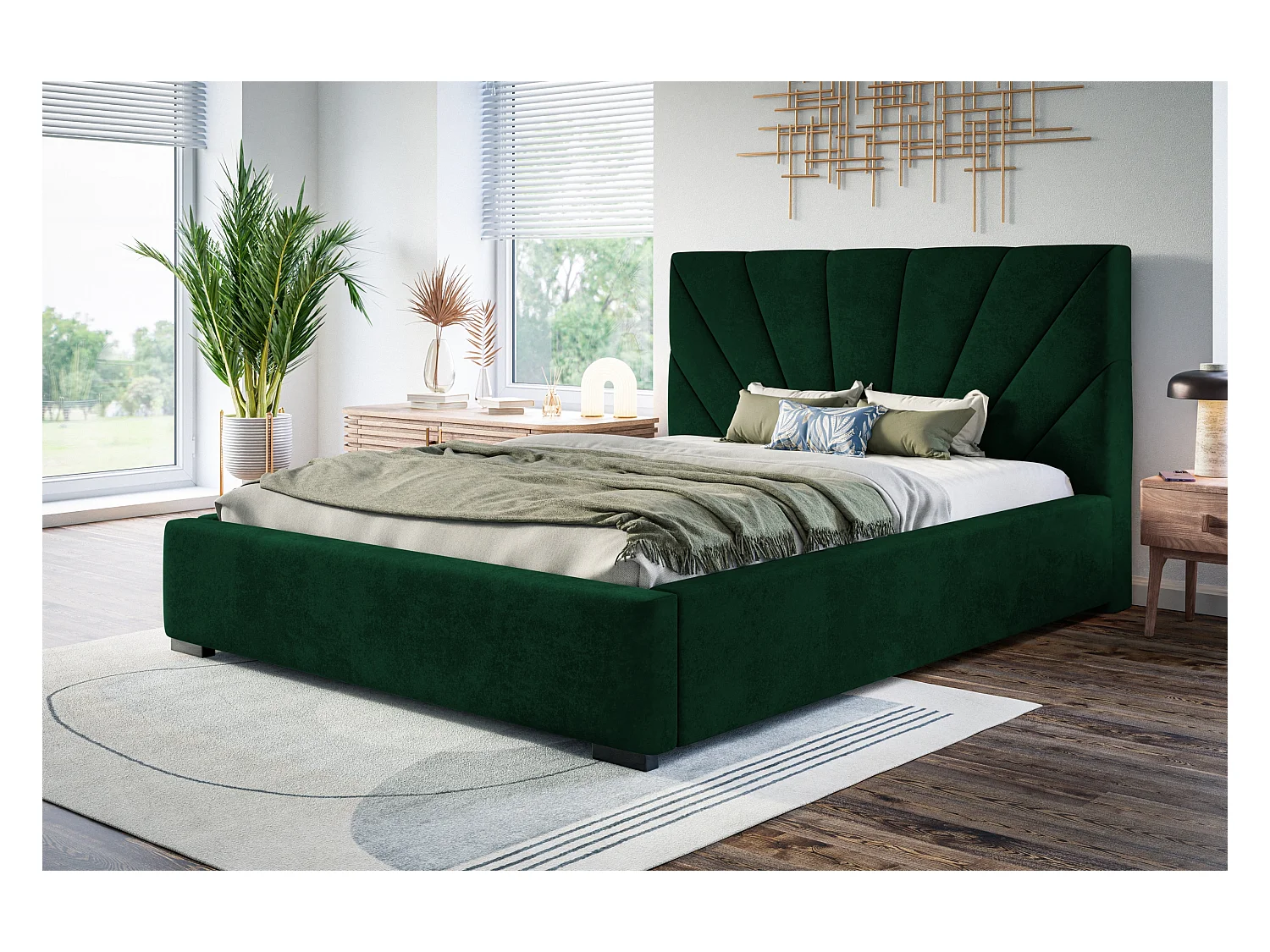 Lit rembourré Denver avec tête de lit, 160x200 cm, lit double avec coffre de rangement et sommier à lattes en bois, tissu velours, couleur : vert