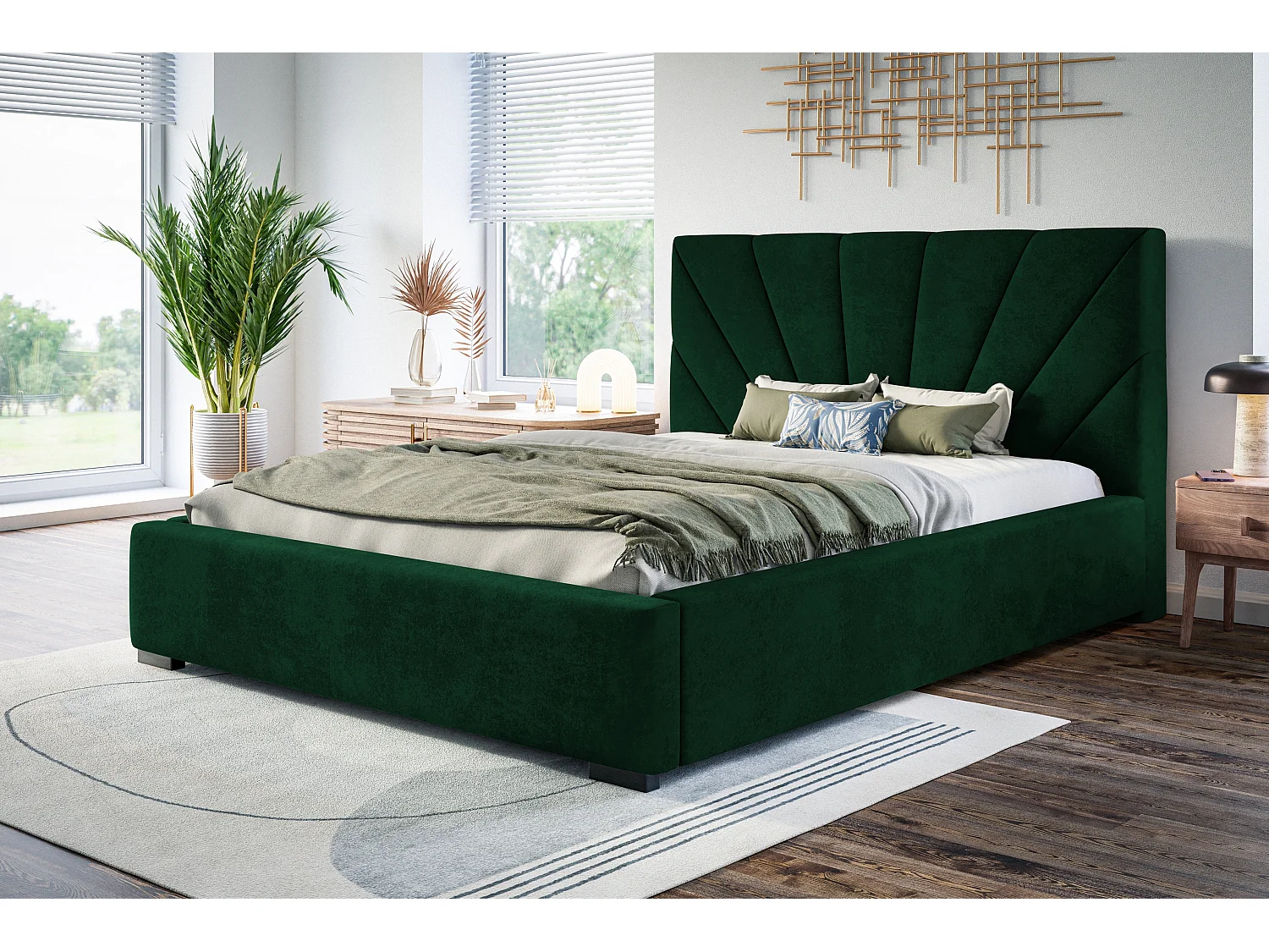 Lit rembourré Denver avec tête de lit, 160x200 cm,  avec coffre de rangement et sommier à lattes en bois, tissu velours, couleur: vert