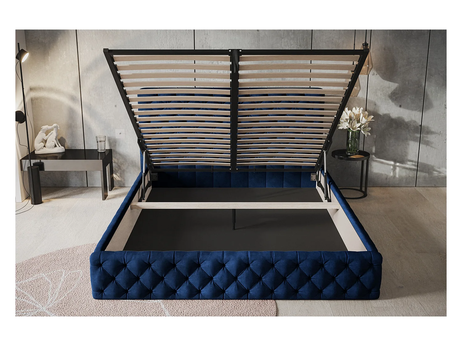 Lit rembourré MIAMI SLIM avec tête de lit, 120 x 200 cm, lit double avec coffre de rangement et sommier à lattes en bois, couleur : bleu foncé, tissu velours