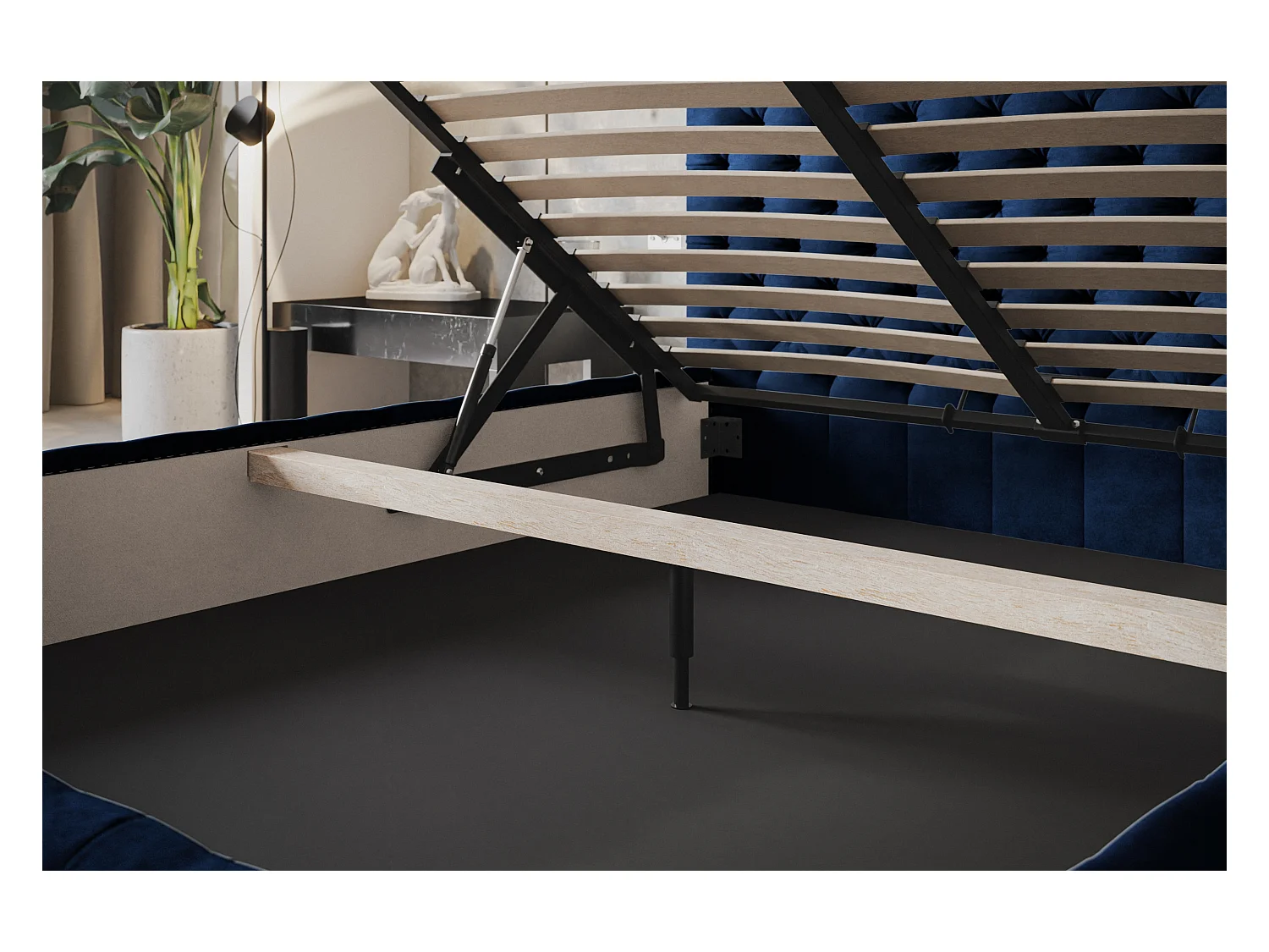 Lit rembourré MIAMI SLIM avec tête de lit, 120 x 200 cm, lit double avec coffre de rangement et sommier à lattes en bois, couleur : bleu foncé, tissu velours