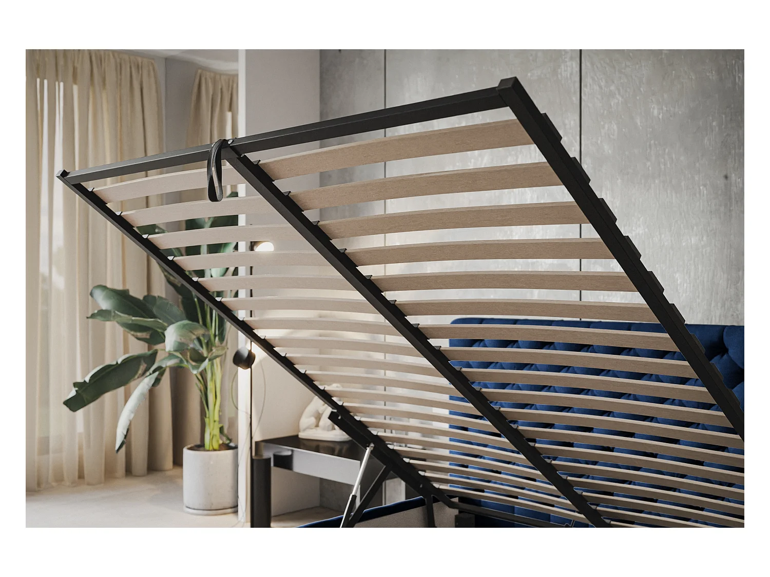 Lit rembourré MIAMI SLIM avec tête de lit, 120 x 200 cm, lit double avec coffre de rangement et sommier à lattes en bois, couleur : bleu foncé, tissu velours