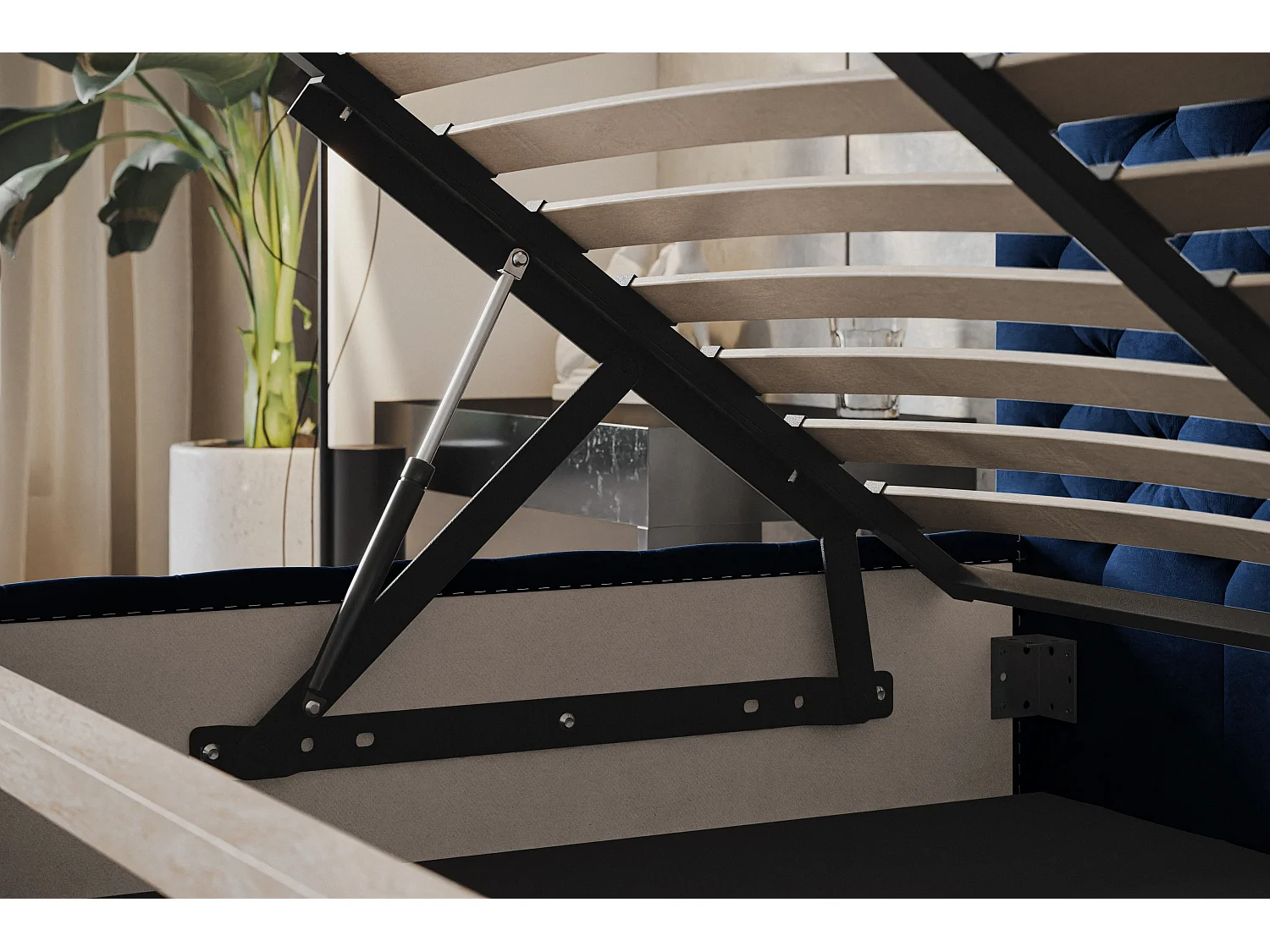 Lit rembourré MIAMI SLIM avec tête de lit, 120 x 200 cm, lit double avec coffre de rangement et sommier à lattes en bois, couleur : bleu foncé, tissu velours