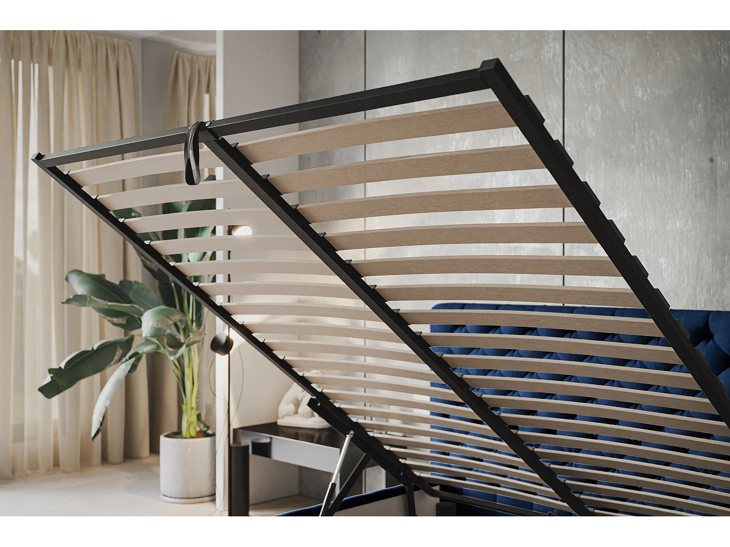 Lit rembourré MIAMI SLIM avec tête de lit, 120 x 200 cm, lit double avec coffre de rangement et sommier à lattes en bois, couleur : bleu foncé, tissu velours