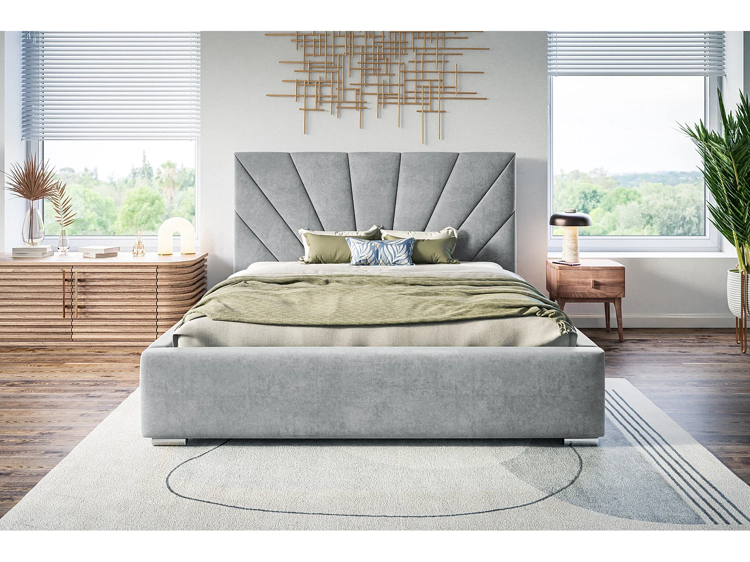 Lit rembourré Denver avec tête de lit, 140x200 cm,  avec coffre de rangement et sommier à lattes en bois, tissu velours, couleur: gris