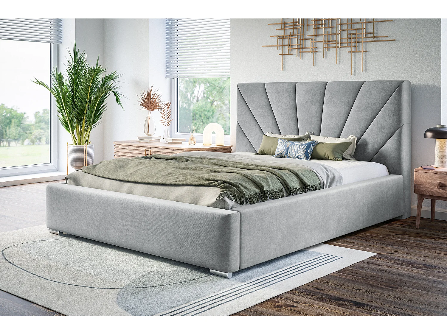 Lit rembourré Denver avec tête de lit, 140x200 cm,  avec coffre de rangement et sommier à lattes en bois, tissu velours, couleur: gris