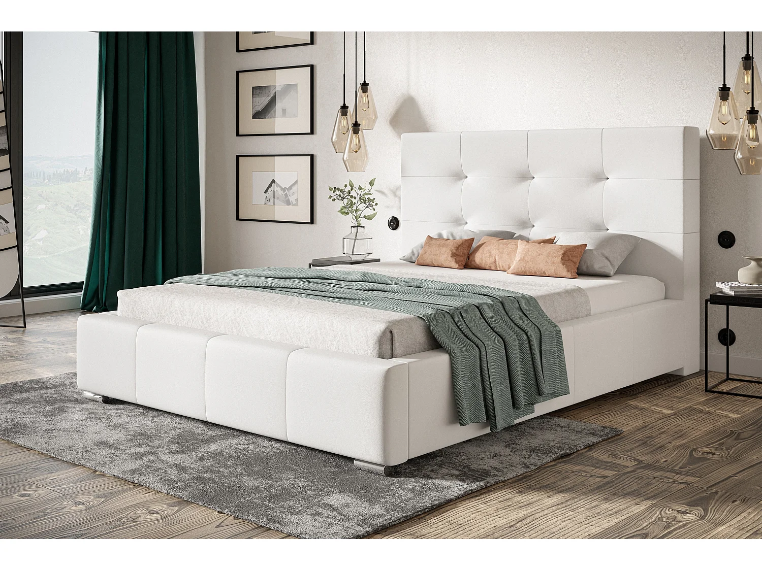 Lit rembourré Oslo avec tête de lit, 160x200 cm, lit double avec coffre de rangement et sommier à lattes en bois, tissu structuré, couleur : gris foncé