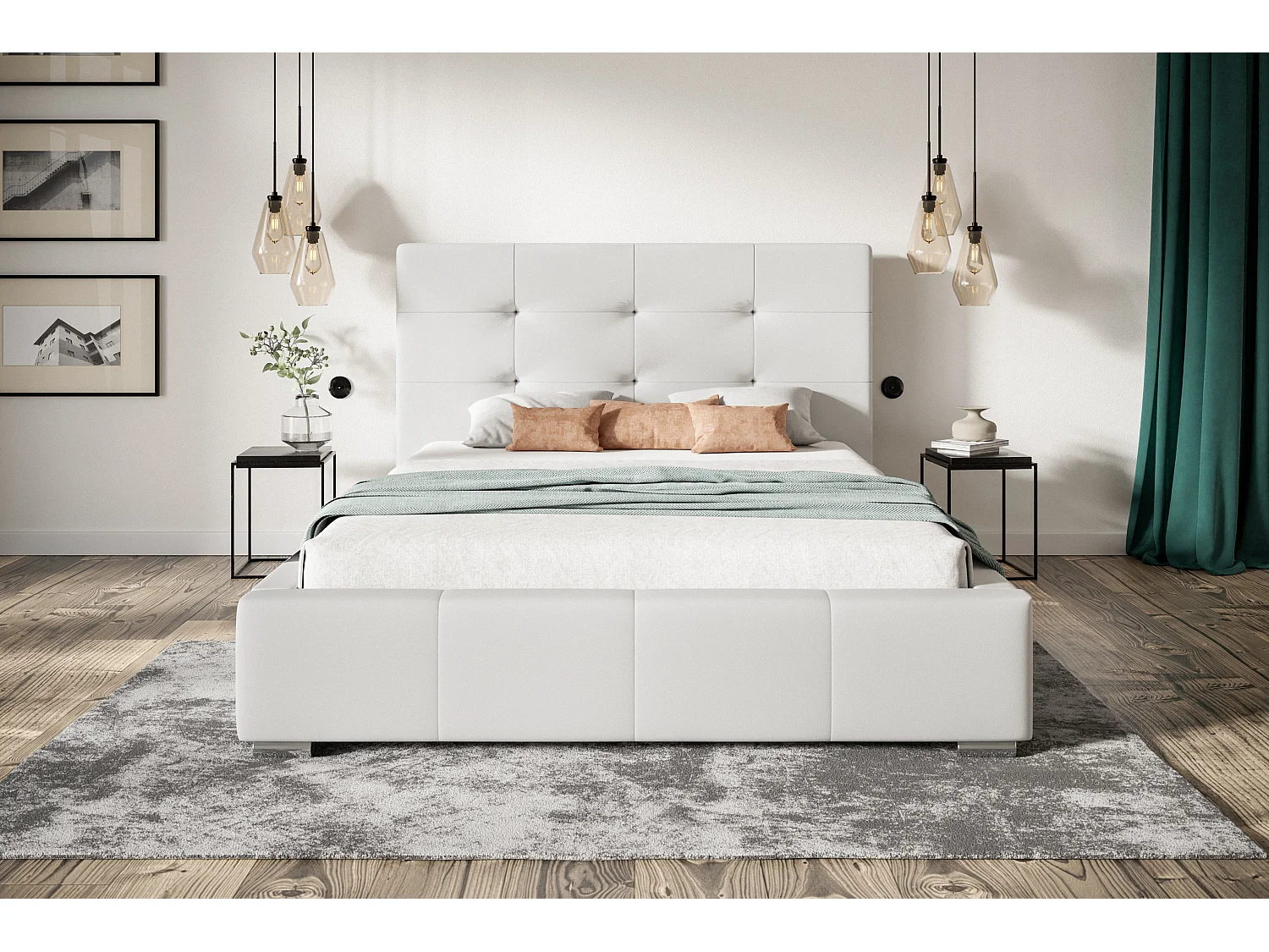 Lit rembourré Oslo avec tête de lit, 160x200 cm, lit double avec coffre de rangement et sommier à lattes en bois, tissu structuré, couleur : gris foncé