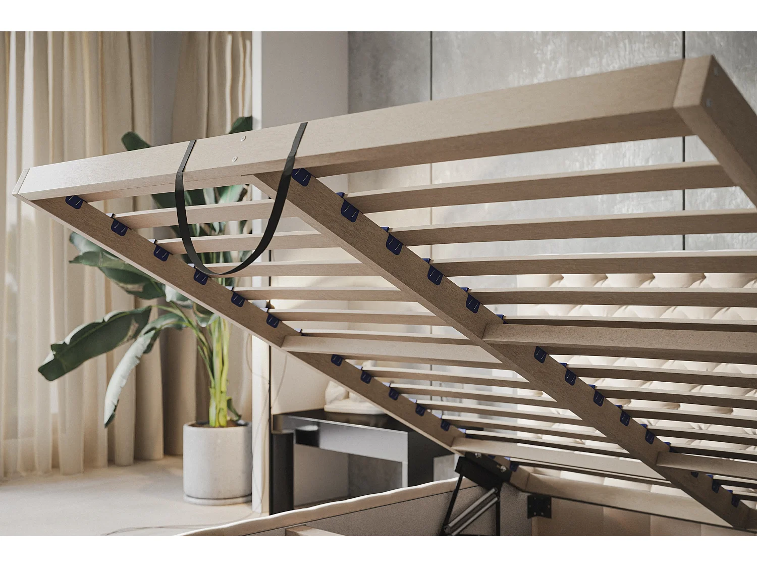 Lit rembourré MIAMI SLIM avec tête de lit, 120 x 200 cm, lit double avec coffre de rangement et sommier à lattes en bois, couleur : beige, tissu velours