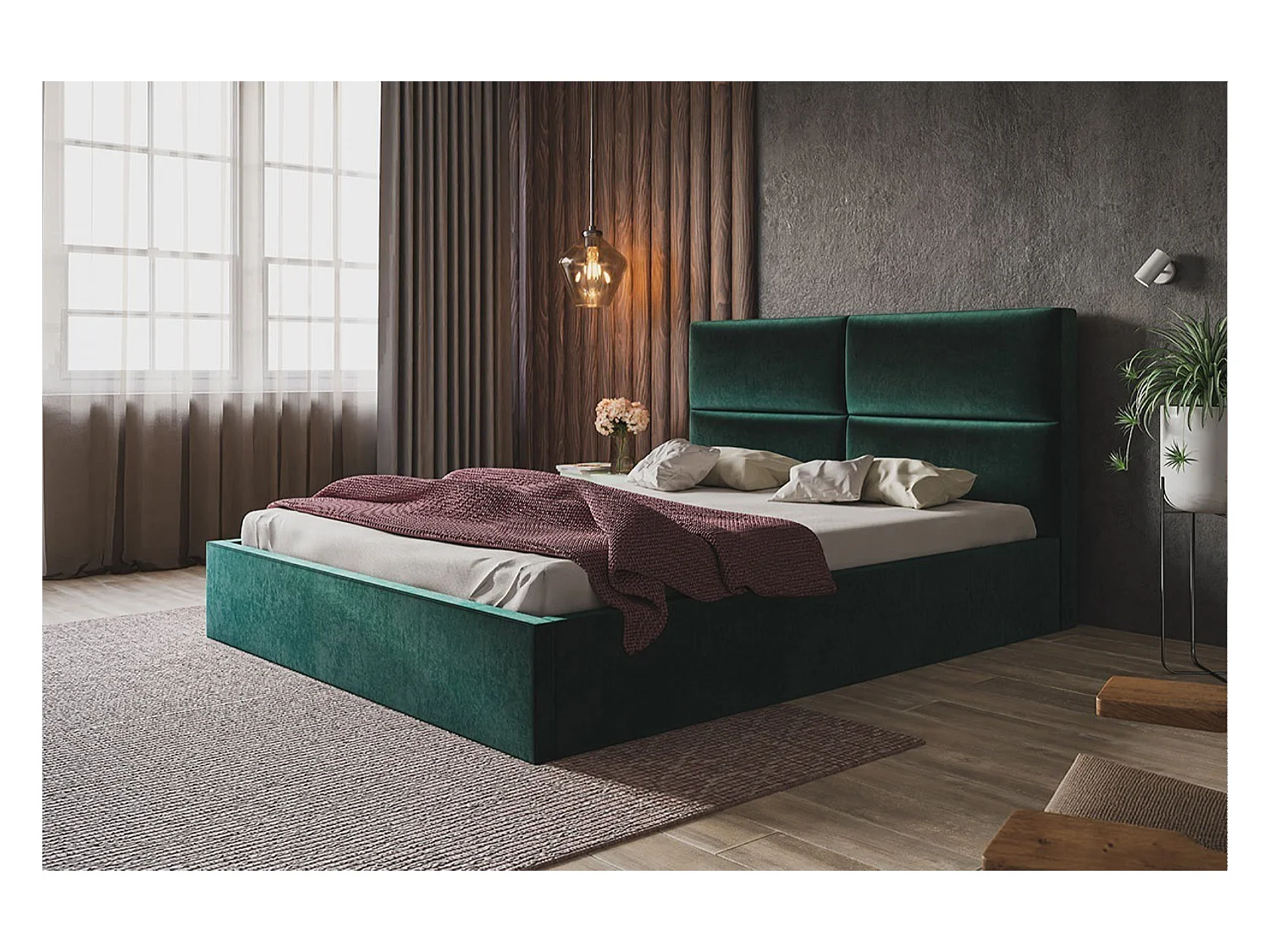Lit rembourré LIZBONA SLIM avec tête de lit, 180 x 200 cm, lit double avec coffre de rangement et sommier à lattes en bois, couleur : vert, tissu velours