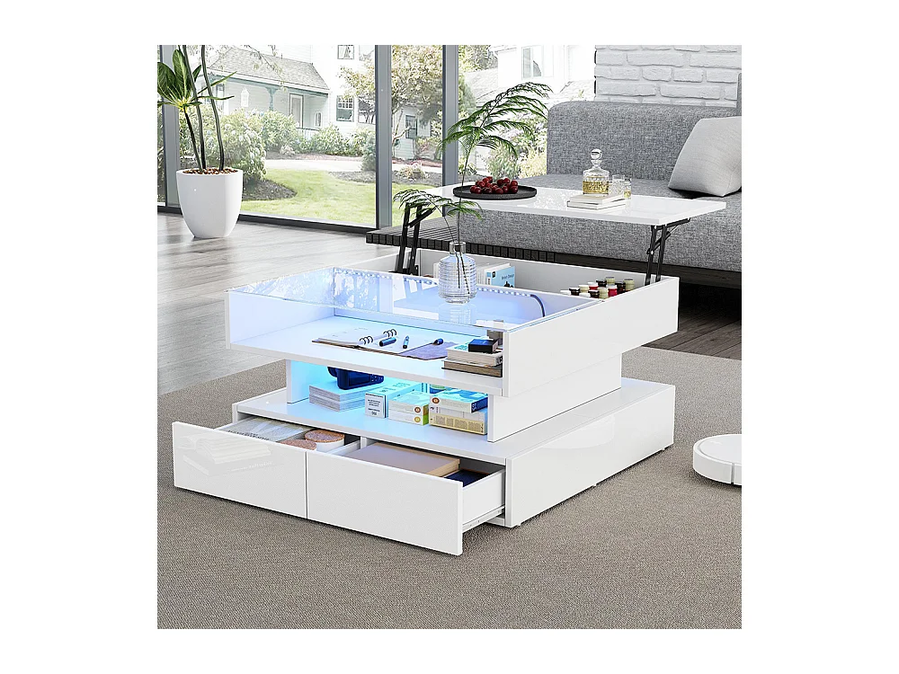 Table basse relevable hauteur rangement caché 2 tiroirs LED éclairage brillante verre trempé blanc salon