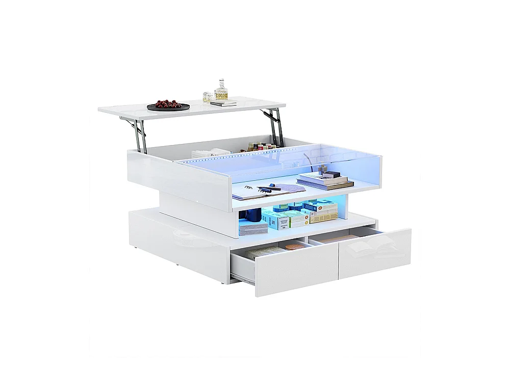 Table basse relevable hauteur rangement caché 2 tiroirs LED éclairage brillante verre trempé blanc salon