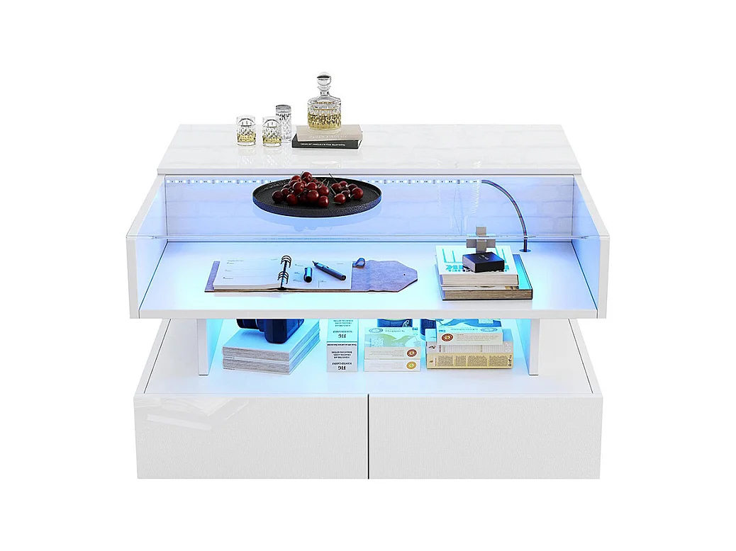 Table basse relevable hauteur rangement caché 2 tiroirs LED éclairage brillante verre trempé blanc salon