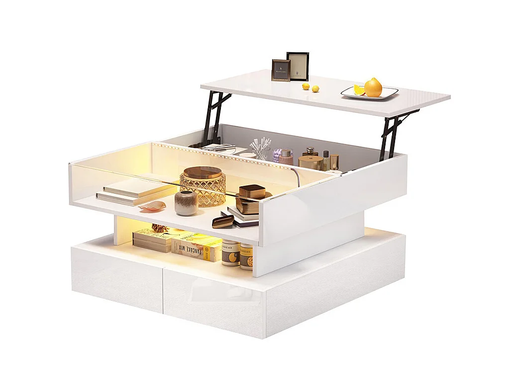 Table basse relevable hauteur rangement caché 2 tiroirs LED éclairage brillante verre trempé blanc salon