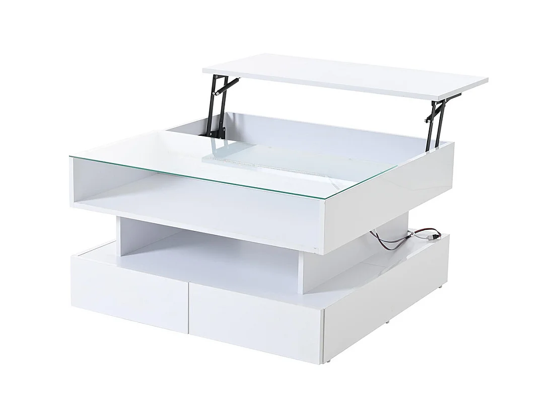 Table basse relevable hauteur rangement caché 2 tiroirs LED éclairage brillante verre trempé blanc salon