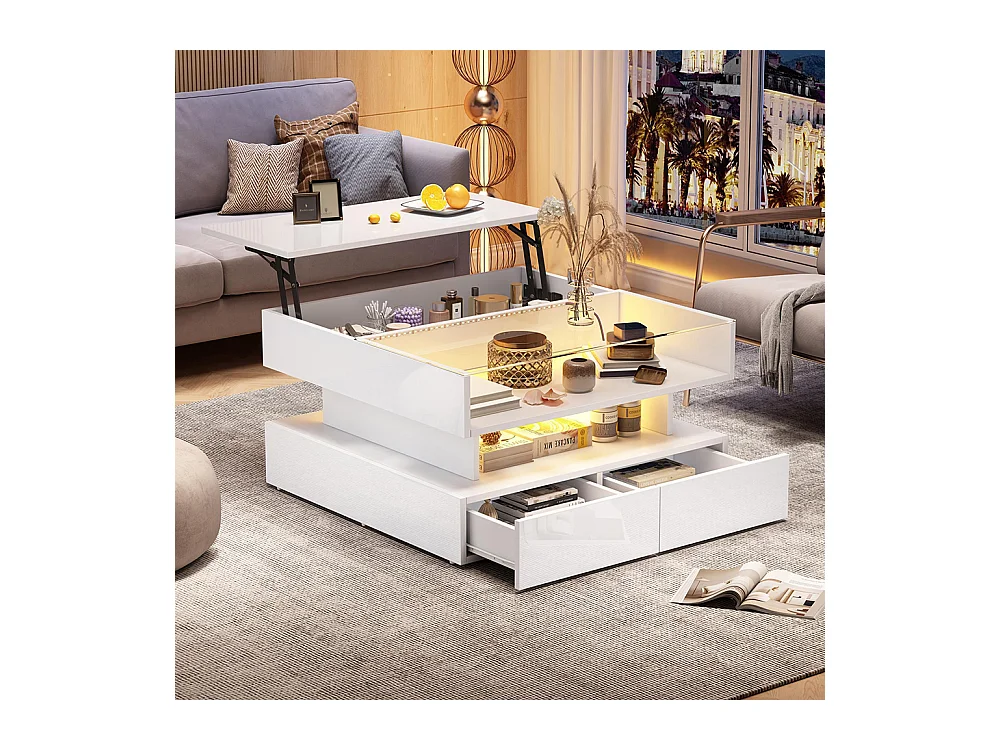 Table basse relevable hauteur rangement caché 2 tiroirs LED éclairage brillante verre trempé blanc salon