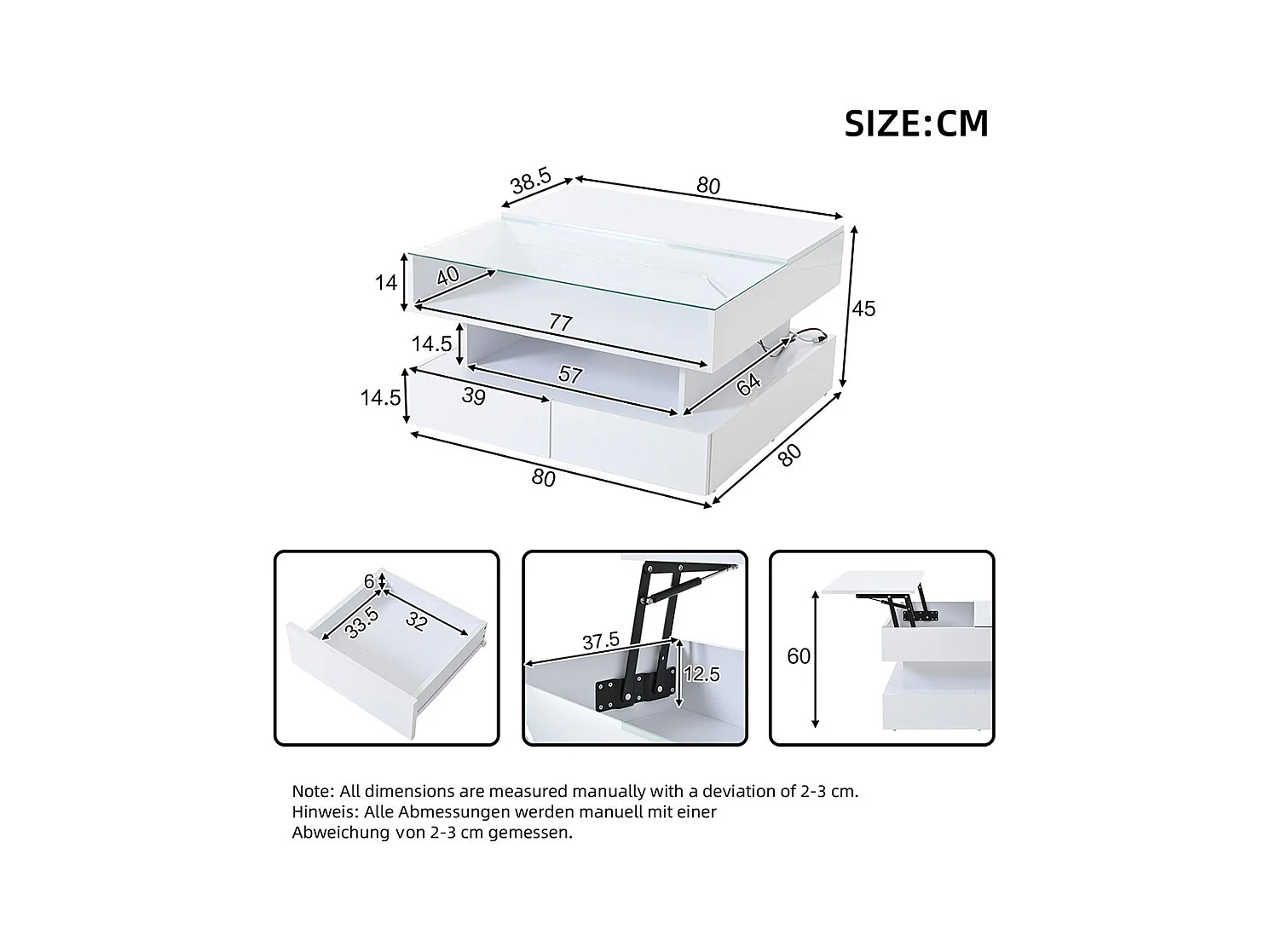 Table basse relevable hauteur rangement caché 2 tiroirs LED éclairage brillante verre trempé blanc salon