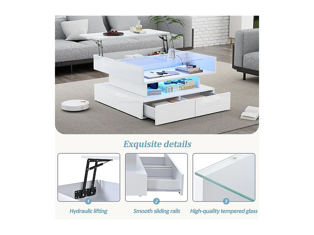 Table basse relevable hauteur rangement caché 2 tiroirs LED éclairage brillante verre trempé blanc salon