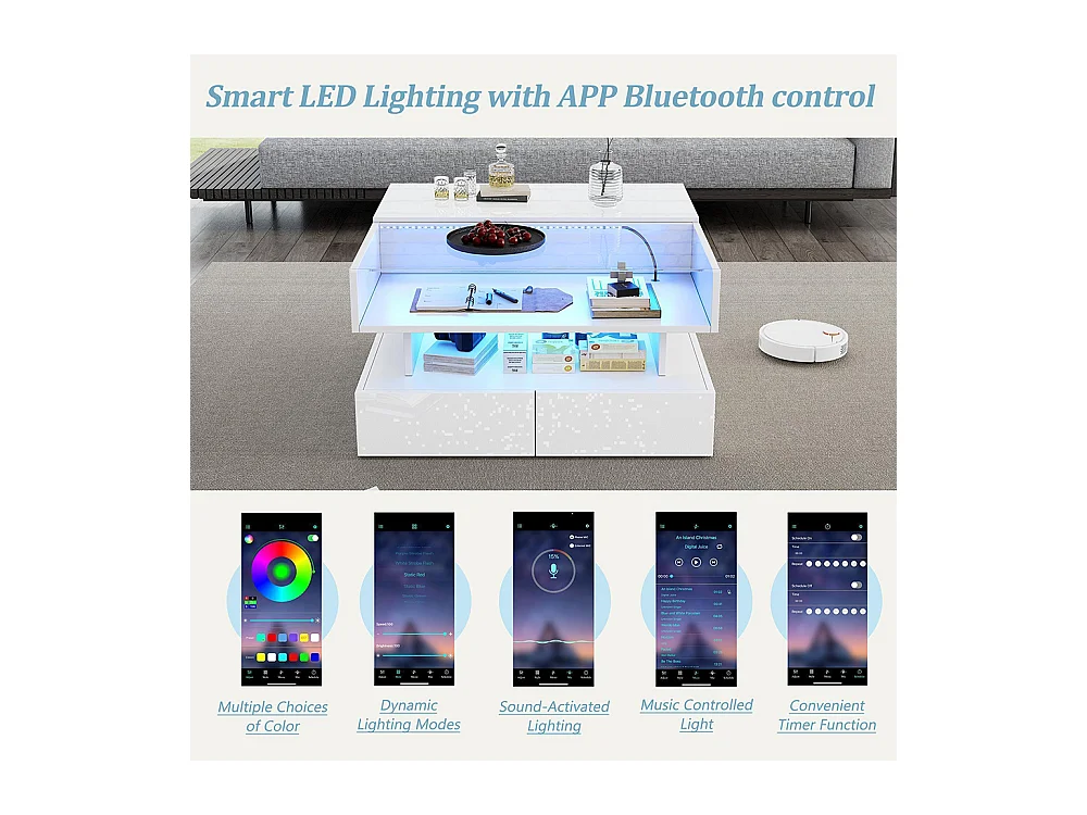 Table basse relevable hauteur rangement caché 2 tiroirs LED éclairage brillante verre trempé blanc salon