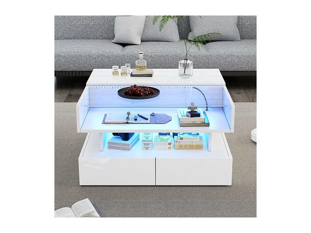 Table basse relevable hauteur rangement caché 2 tiroirs LED éclairage brillante verre trempé blanc salon
