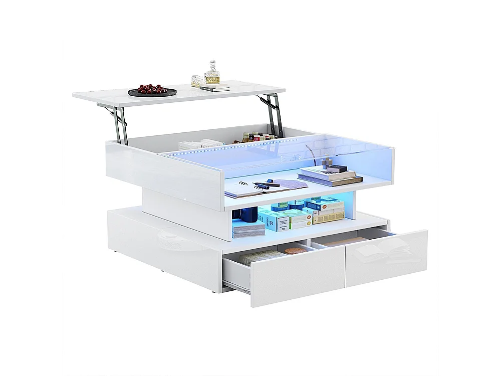 Table basse relevable hauteur rangement caché 2 tiroirs LED éclairage brillante verre trempé blanc salon