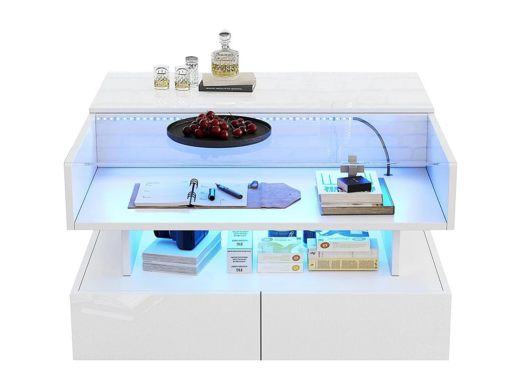 Table basse relevable hauteur rangement caché 2 tiroirs LED éclairage brillante verre trempé blanc salon