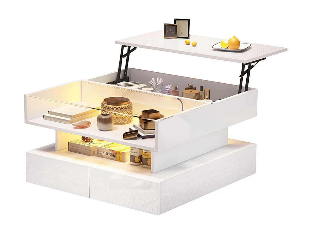 Table basse relevable hauteur rangement caché 2 tiroirs LED éclairage brillante verre trempé blanc salon