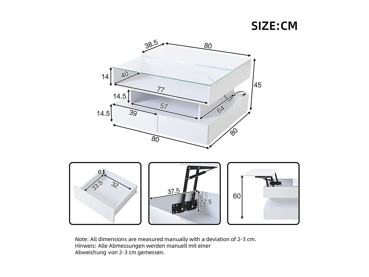 Table basse relevable hauteur rangement caché 2 tiroirs LED éclairage brillante verre trempé blanc salon