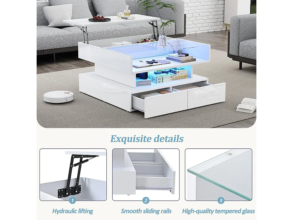 Table basse relevable hauteur rangement caché 2 tiroirs LED éclairage brillante verre trempé blanc salon