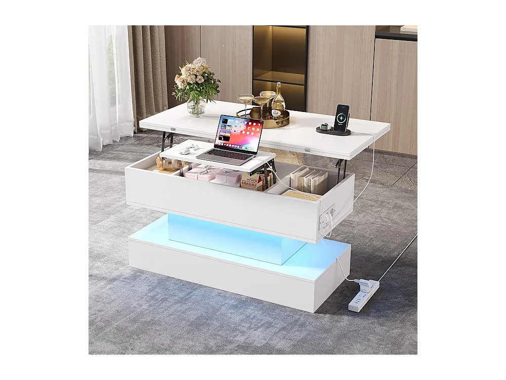 Table basse relevable prise électrique USB-C USB LED multifonctionnelle réglable hauteur rangement blanc salon