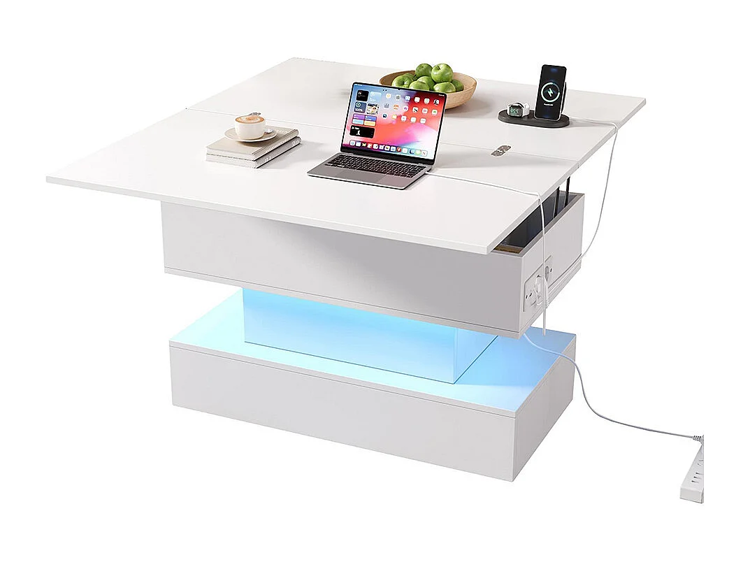Table basse relevable prise électrique USB-C USB LED multifonctionnelle réglable hauteur rangement blanc salon