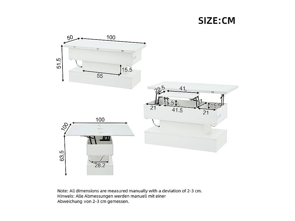 Table basse relevable prise électrique USB-C USB LED multifonctionnelle réglable hauteur rangement blanc salon