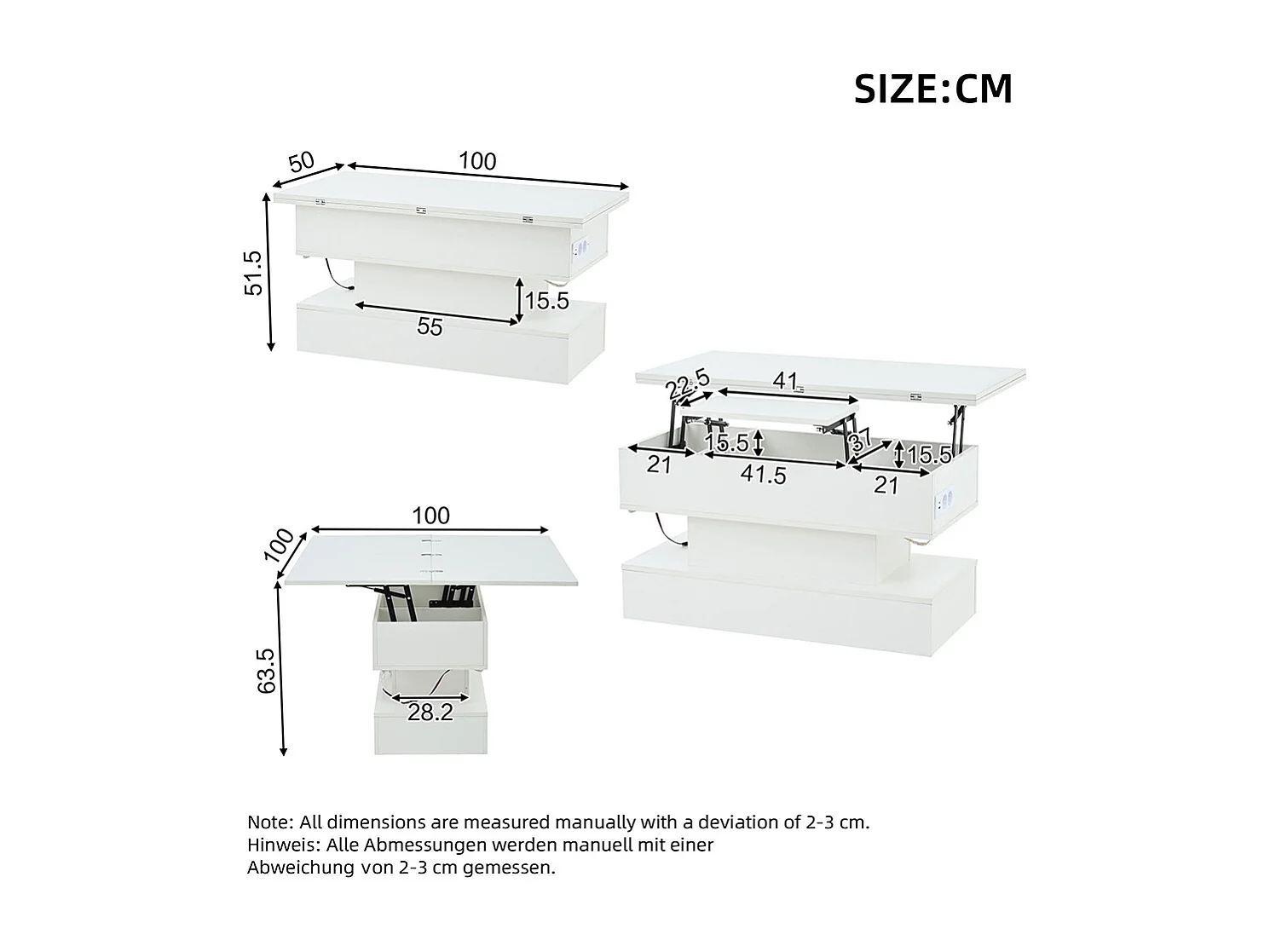 Table basse relevable prise électrique USB-C USB LED multifonctionnelle réglable hauteur rangement blanc salon