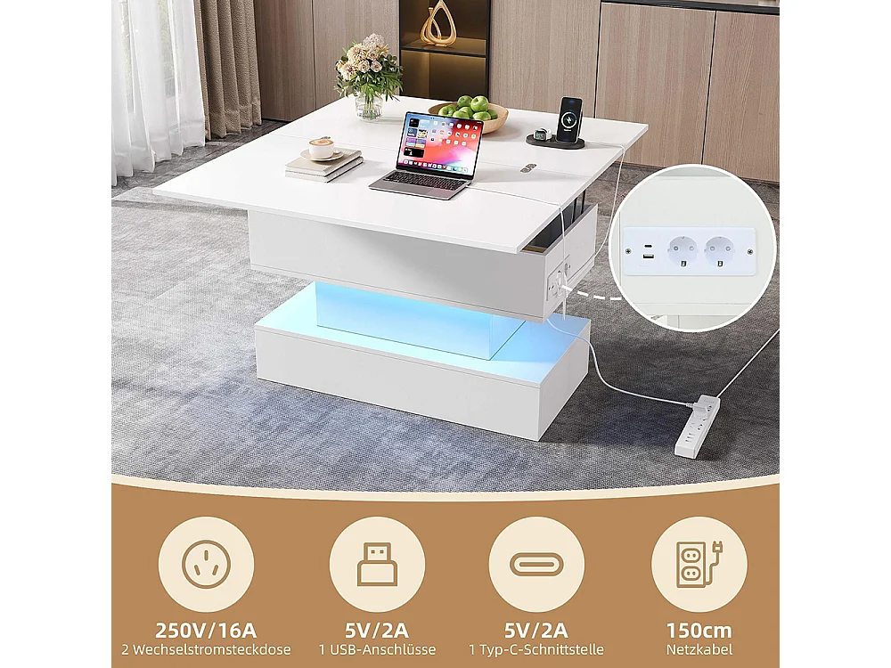 Table basse relevable prise électrique USB-C USB LED multifonctionnelle réglable hauteur rangement blanc salon