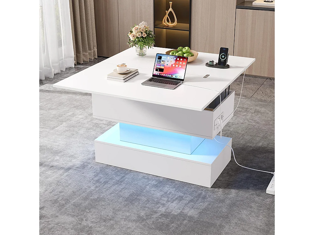 Table basse relevable prise électrique USB-C USB LED multifonctionnelle réglable hauteur rangement blanc salon