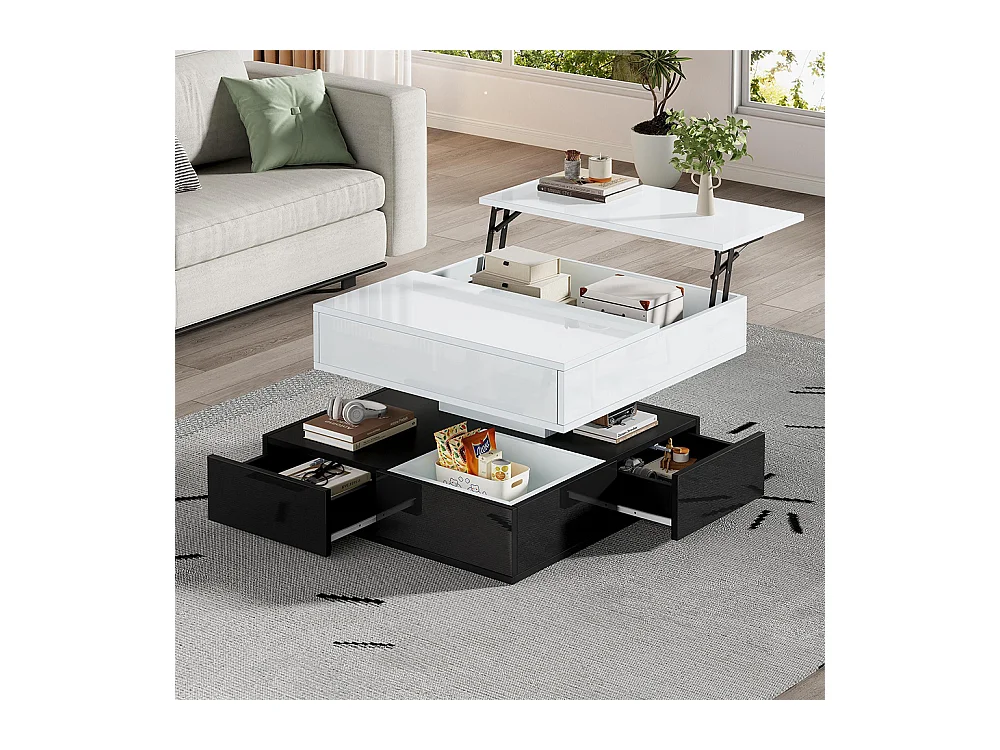 Table basse relevable 360° plateau pivotant 3 tiroirs double couche géométrique brillante rangement blanc noir