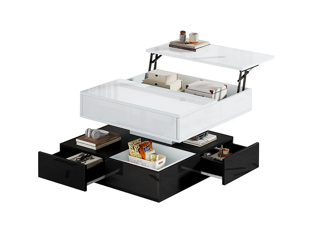 Table basse relevable 360° plateau pivotant 3 tiroirs double couche géométrique brillante rangement blanc noir