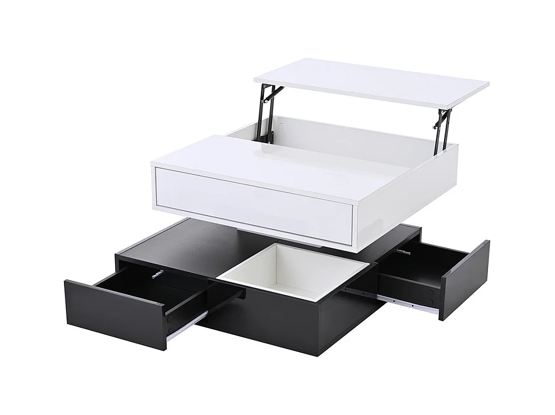 Table basse relevable 360° plateau pivotant 3 tiroirs double couche géométrique brillante rangement blanc noir