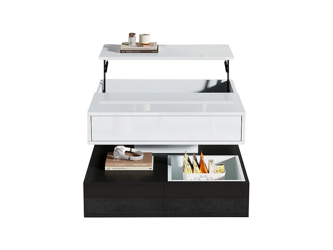 Table basse relevable 360° plateau pivotant 3 tiroirs double couche géométrique brillante rangement blanc noir