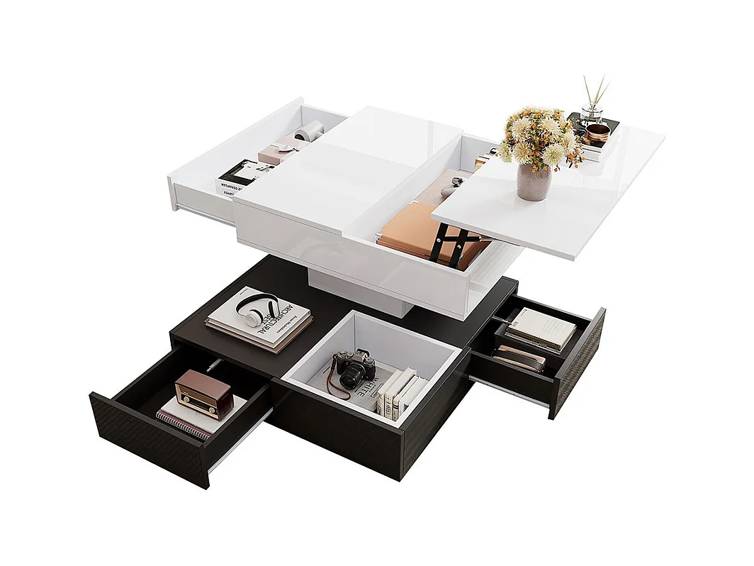 Table basse relevable 360° plateau pivotant 3 tiroirs double couche géométrique brillante rangement blanc noir