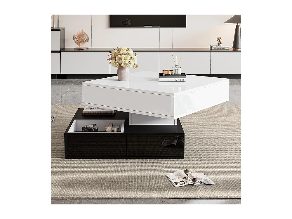 Table basse relevable 360° plateau pivotant 3 tiroirs double couche géométrique brillante rangement blanc noir