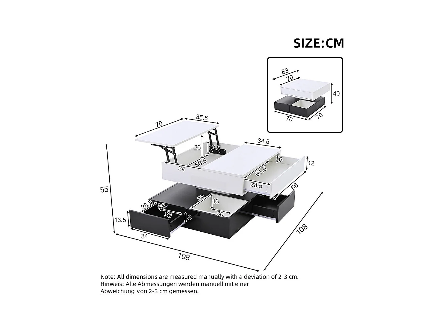 Table basse relevable 360° plateau pivotant 3 tiroirs double couche géométrique brillante rangement blanc noir