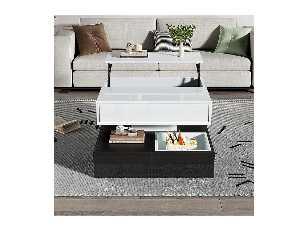 Table basse relevable 360° plateau pivotant 3 tiroirs double couche géométrique brillante rangement blanc noir