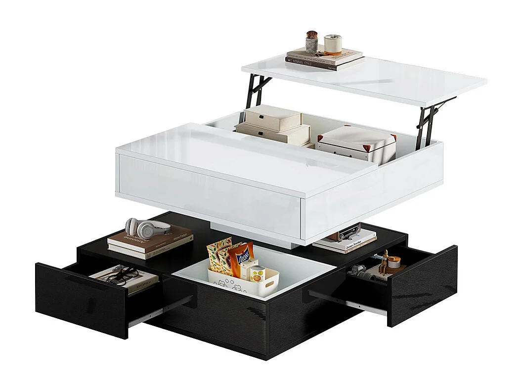 Table basse relevable 360° plateau pivotant 3 tiroirs double couche géométrique brillante rangement blanc noir