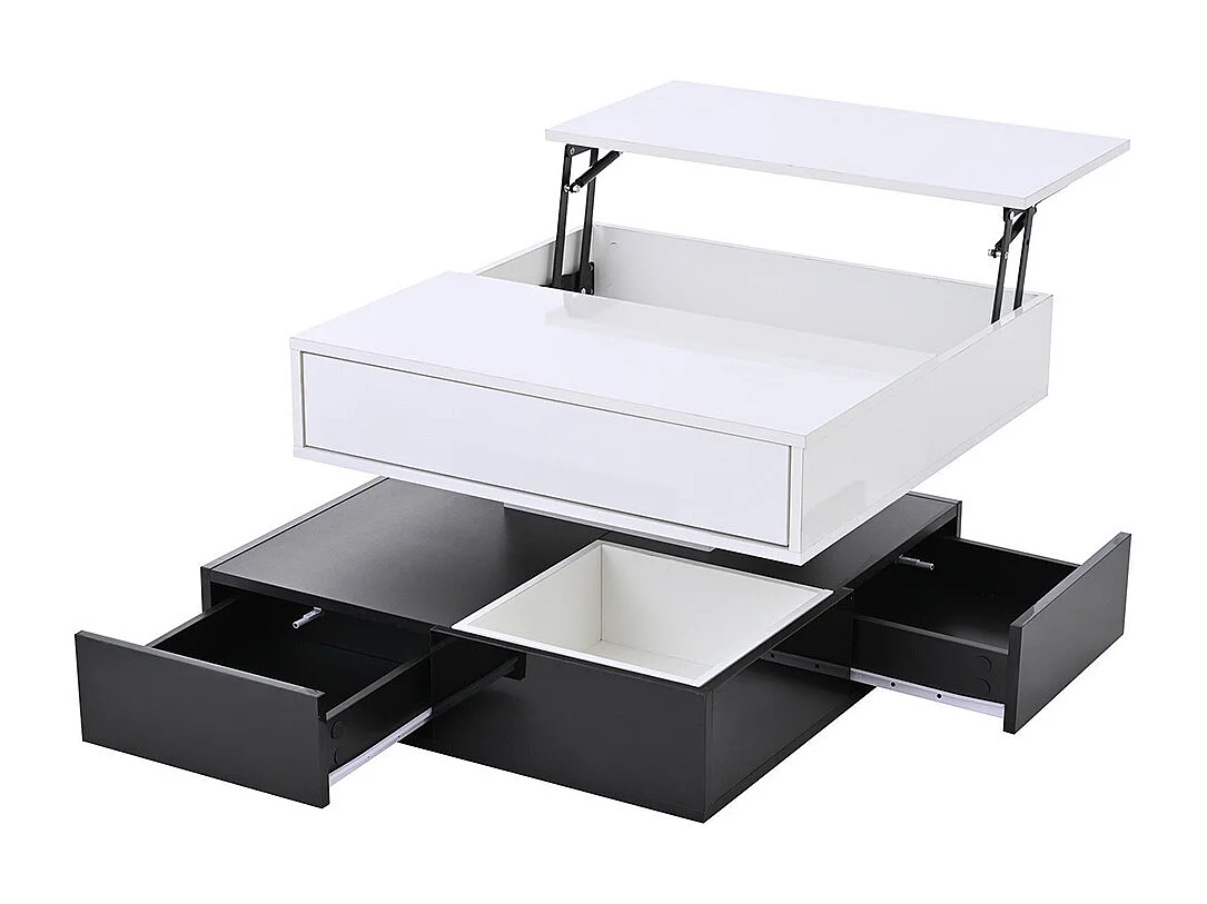 Table basse relevable 360° plateau pivotant 3 tiroirs double couche géométrique brillante rangement blanc noir