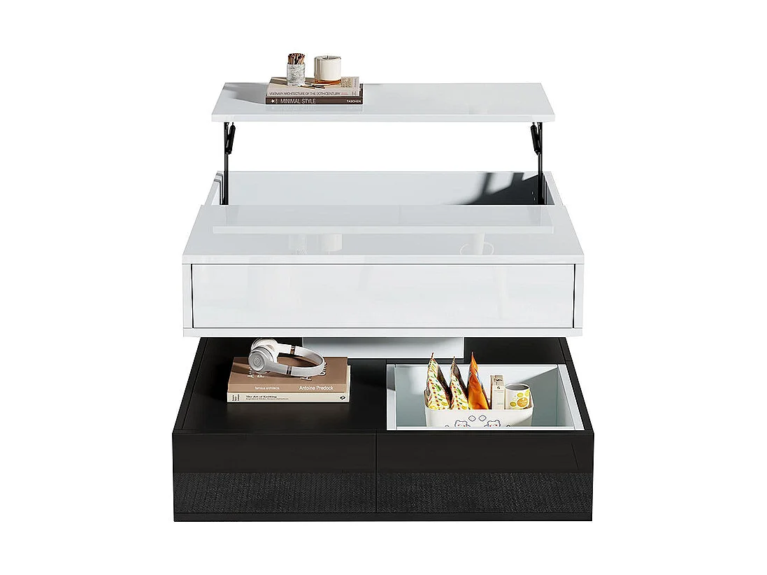 Table basse relevable 360° plateau pivotant 3 tiroirs double couche géométrique brillante rangement blanc noir