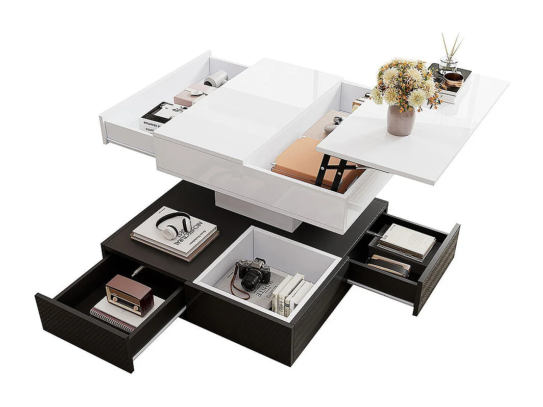 Table basse relevable 360° plateau pivotant 3 tiroirs double couche géométrique brillante rangement blanc noir