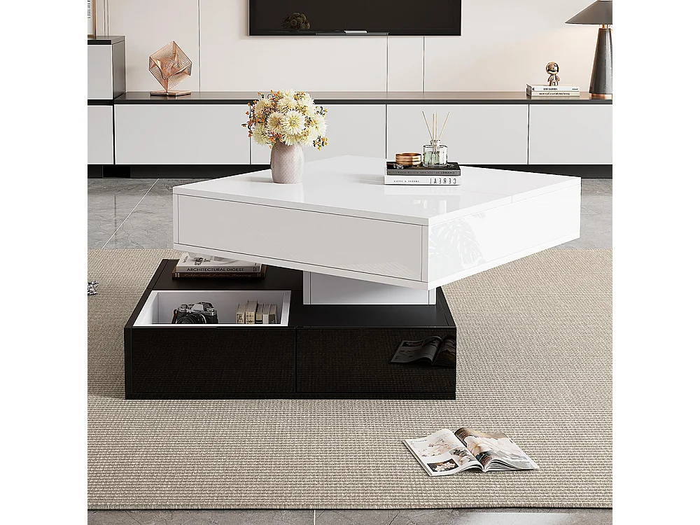 Table basse relevable 360° plateau pivotant 3 tiroirs double couche géométrique brillante rangement blanc noir