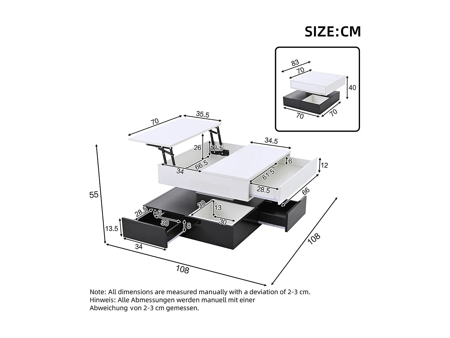 Table basse relevable 360° plateau pivotant 3 tiroirs double couche géométrique brillante rangement blanc noir