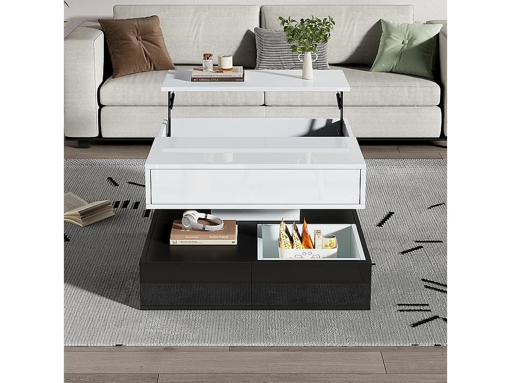 Table basse relevable 360° plateau pivotant 3 tiroirs double couche géométrique brillante rangement blanc noir