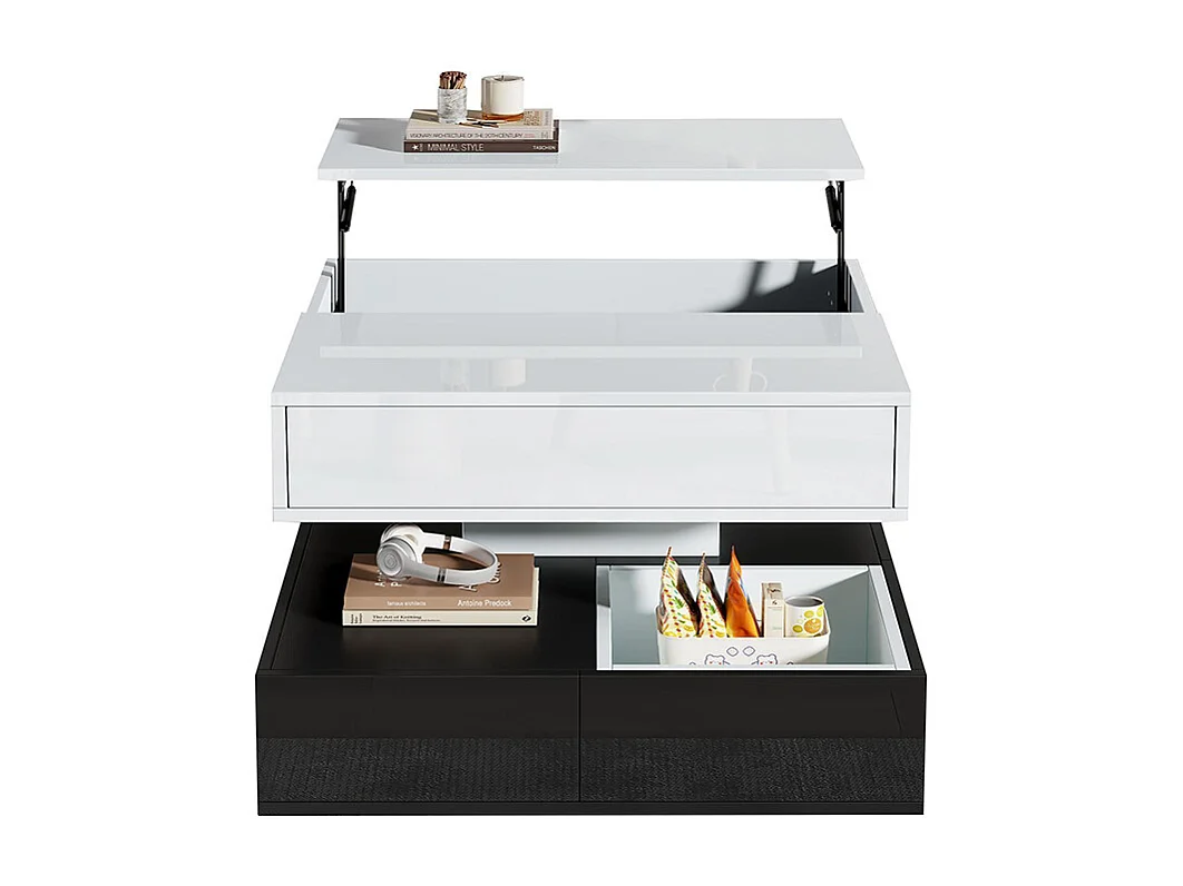 Table basse relevable 360° plateau pivotant 3 tiroirs double couche géométrique brillante rangement blanc noir